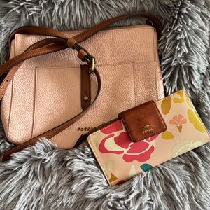 Fossil Pink Crossbody Bag with Floral Wallet
